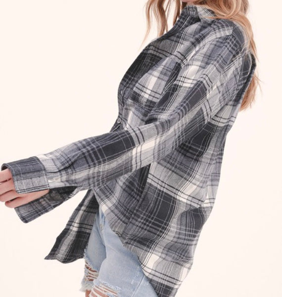 Smoke grey/black plaid flannel top