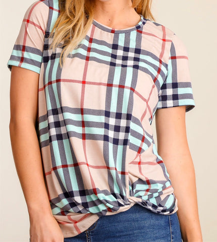 Pink/navy/teal plaid knotted hem top