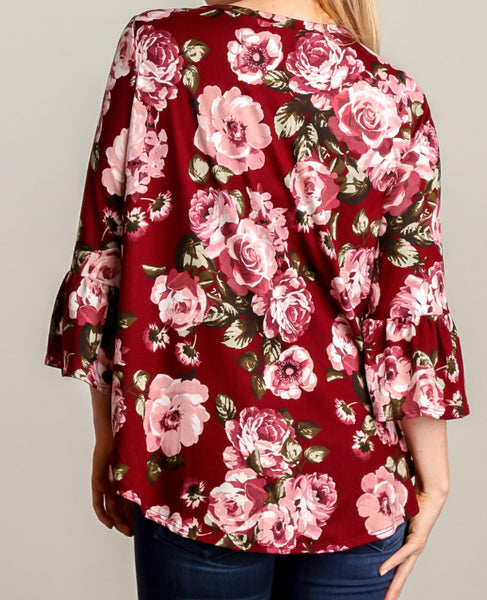 Burgundy floral bell sleeve front tie top