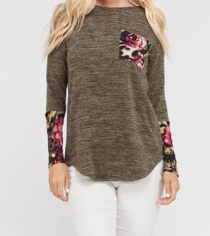 Olive pocketed LS top with partially animal and floral print
