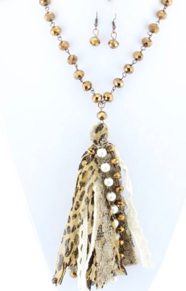 Fabric and pearl tassel necklace
