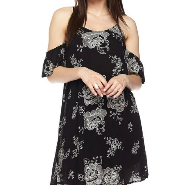 Black floral cold shoulder dress