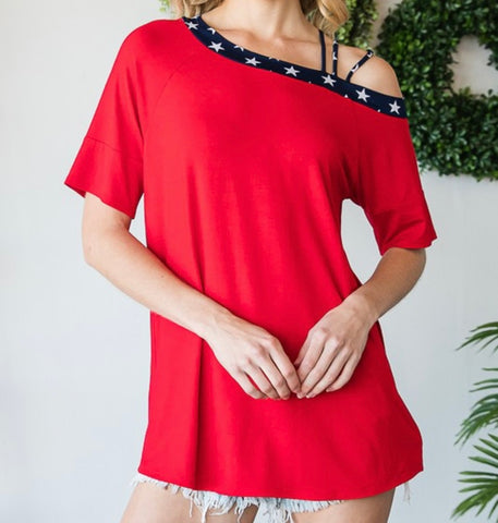 Red one shoulder top with star detail