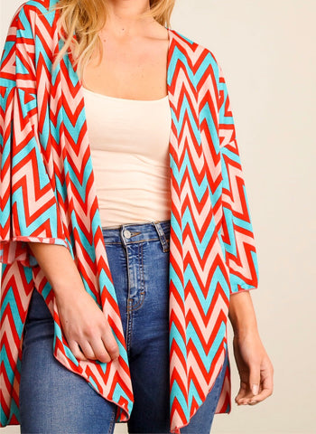 Teal and coral chevron print kimono