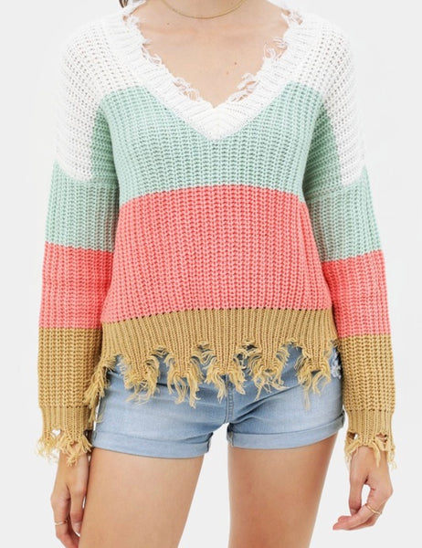 Sherbet striped frayed hem sweater