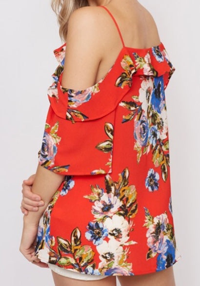 Open shoulder red floral top