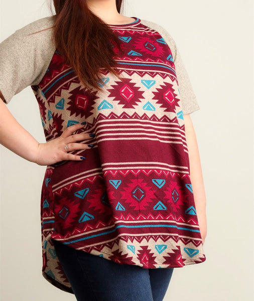 Plus maroon tribal print, short sleeve raglan top