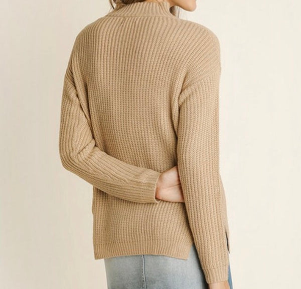Sweater, taupe lace-up cutout choker neck