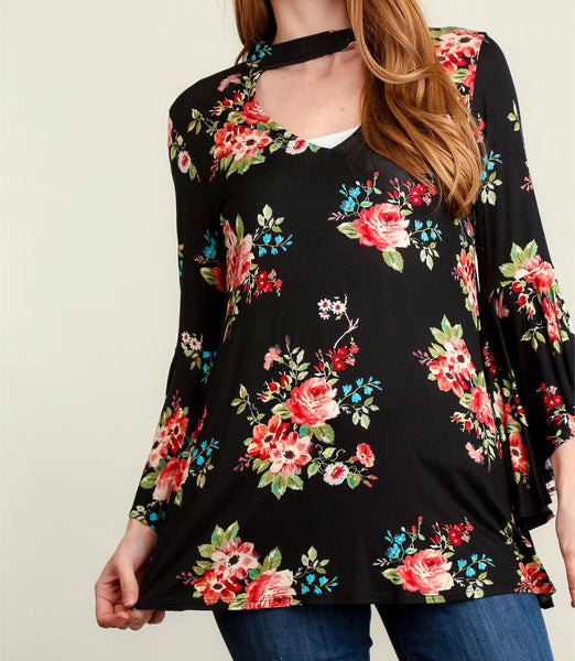 Black floral bell sleeve top with key hole neck