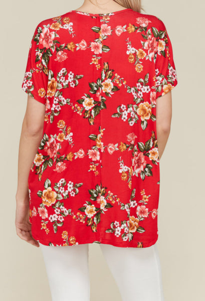 Red floral short sleeve top with twisted hem & crisscross detail