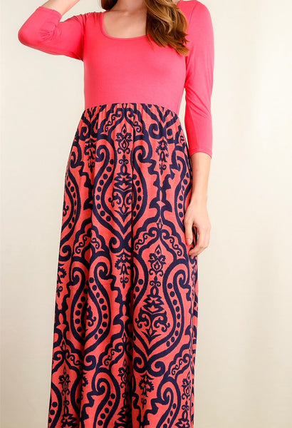 Coral arabesque print maxi dress