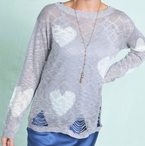 Silver heart print distressed sweater