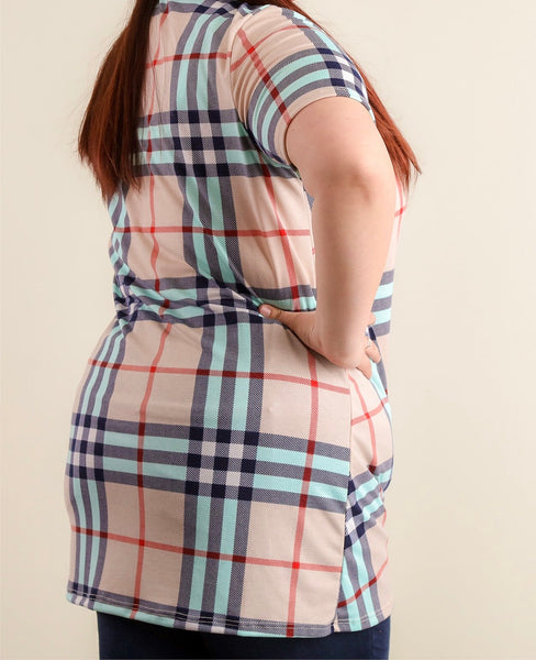 Plus pink/navy/teal plaid top with knotted hem