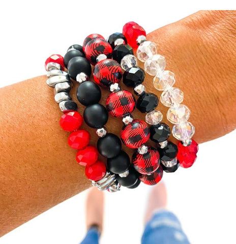 Red/black Buffalo plaid bracelet stack