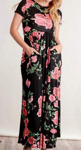 Black/pink floral pocketed maxi dress