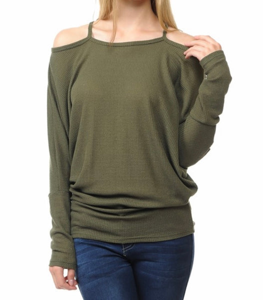 Olive thermal knit cold shoulder top
