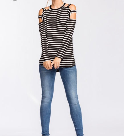 Black/white striped cutout sleeve top