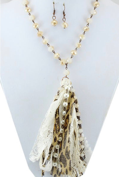 Fabric and pearl tassel necklace