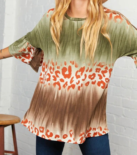 Plus olive & rust animal print top