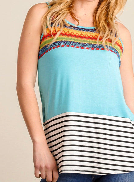 Teal and multi color block tank top