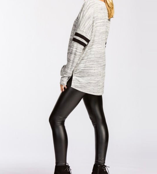 Heather gray front tie top with black striped detail on sleeve