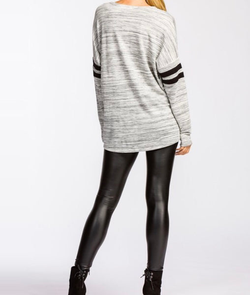 Heather gray front tie top with black striped detail on sleeve