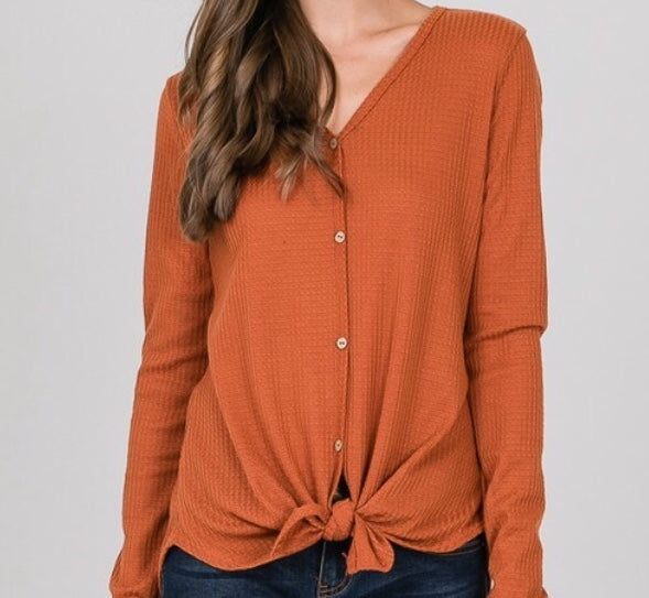 Pumpkin spice front tie button down waffle knit top