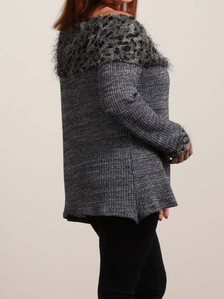 Gray sweater leopard neckline