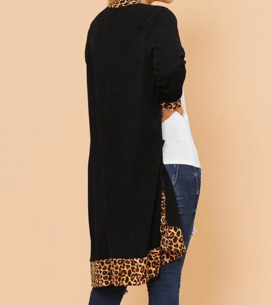 Black cardigan with animal print trim