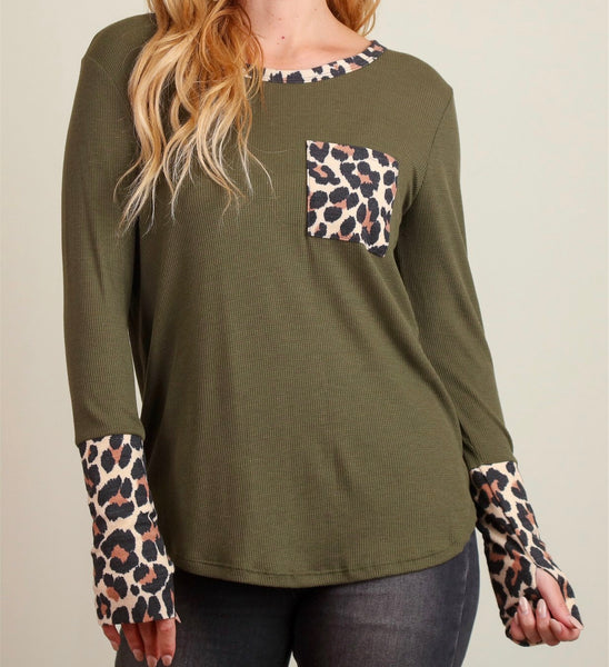 Olive animal print pocket thermal top