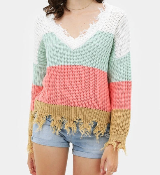 Sherbet striped frayed hem sweater