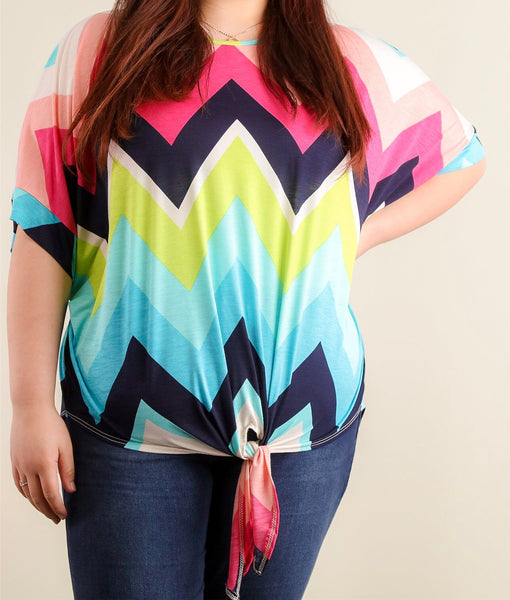 Plus navy and multi chevron print, front tie hem top