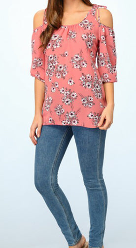 Floral cold shoulder top salmon