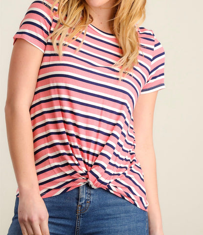 Pink, navy & white striped knotted hem top