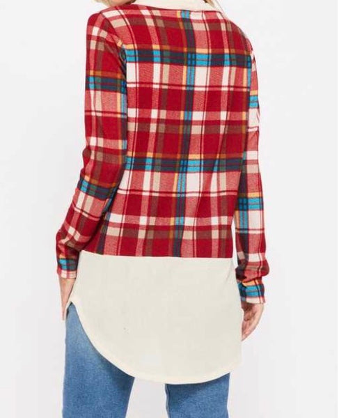 Red plaid cowl neck top