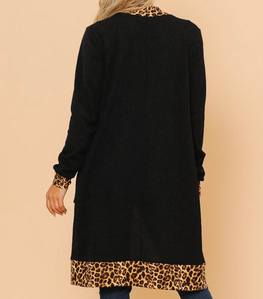 Black cardigan with animal print trim