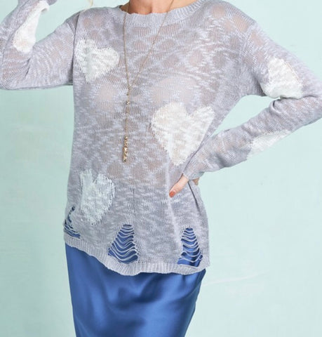 Silver heart print distressed sweater