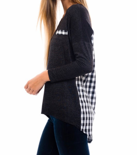 Black high-low plaid back top