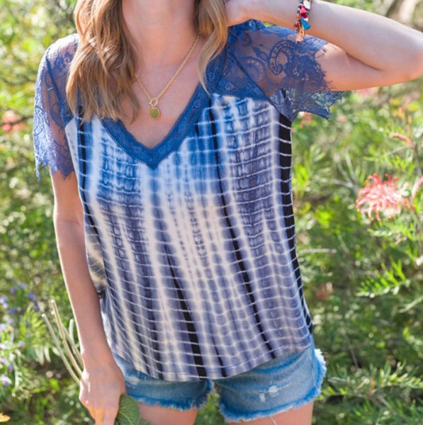 Tie dye lace sleeve v-neck top