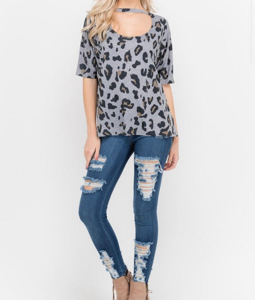 Leopard print choker neck top