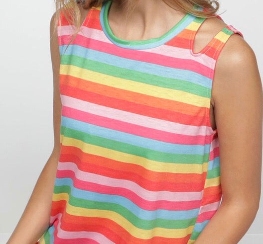 Rainbow print sleeveless top with shoulder cutout and front tie