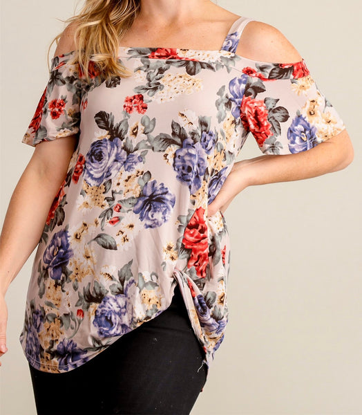 Taupe floral open shoulder top