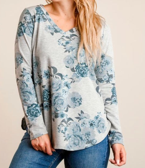 Grey floral french terry top
