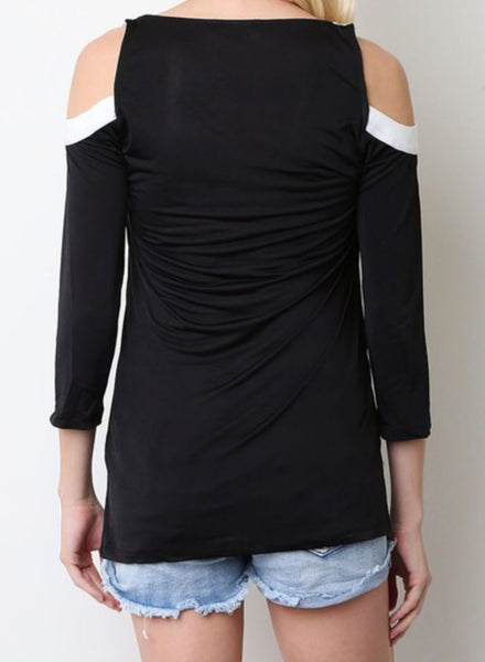 Cold shoulder black & white 3/4 sleeve top