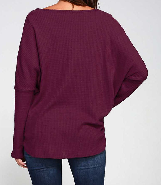 Plum waffle knit v-neck front tie top