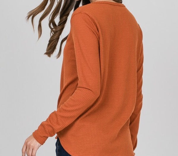 Pumpkin spice front tie button down waffle knit top