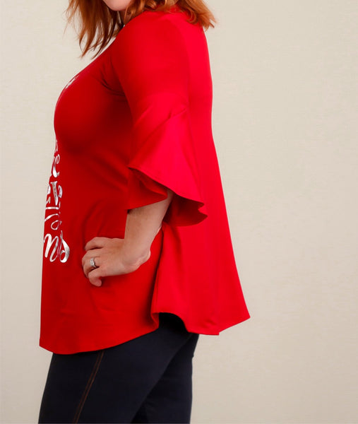 Plus red 3/4 bell sleeve “joy, love, peace” holiday top