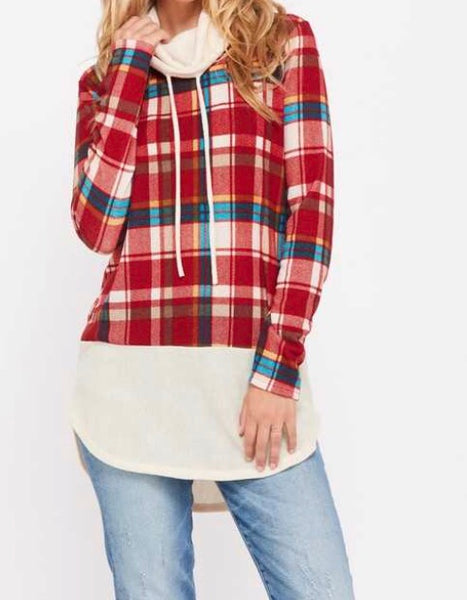 Red plaid cowl neck top