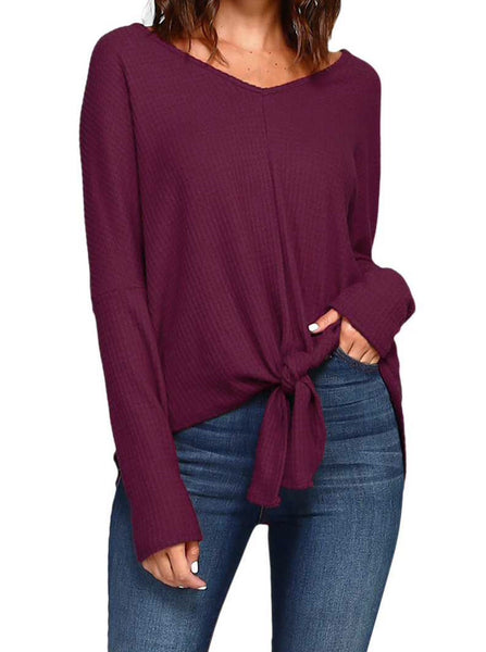 Plum waffle knit v-neck front tie top