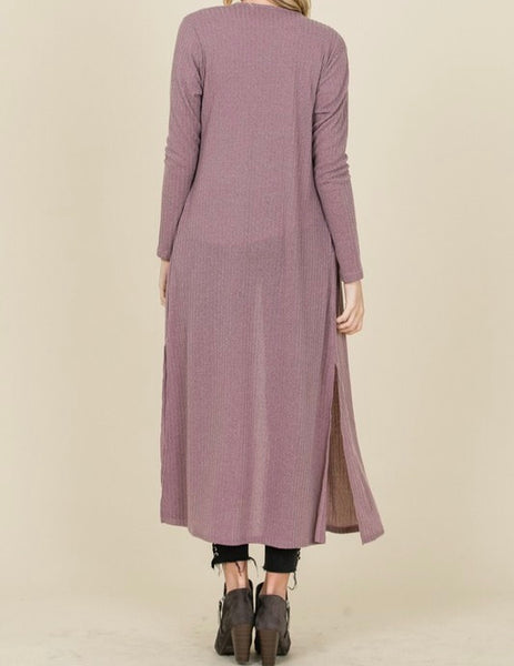 Long ribbed duster cardigan in mauve